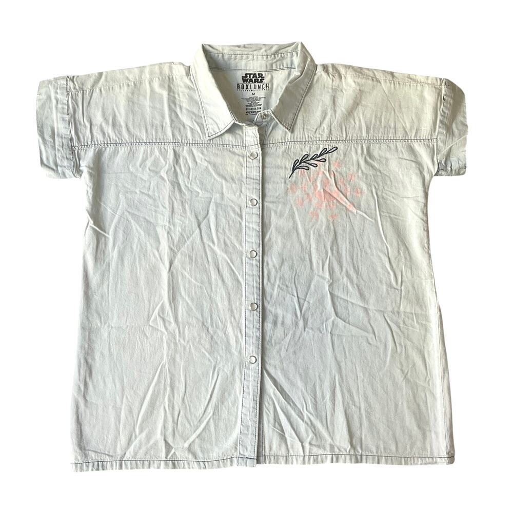 Boxlunch Women Button Up Shirt M Light Blue Floral Star Wars Embroidered StarWar